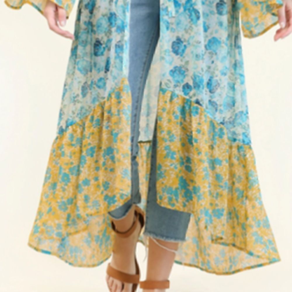 Boho Mixed Floral Bell Sleeves Tie Front Kimono Beach Cover Hippie Festival Vibe - Picture 4 of 11